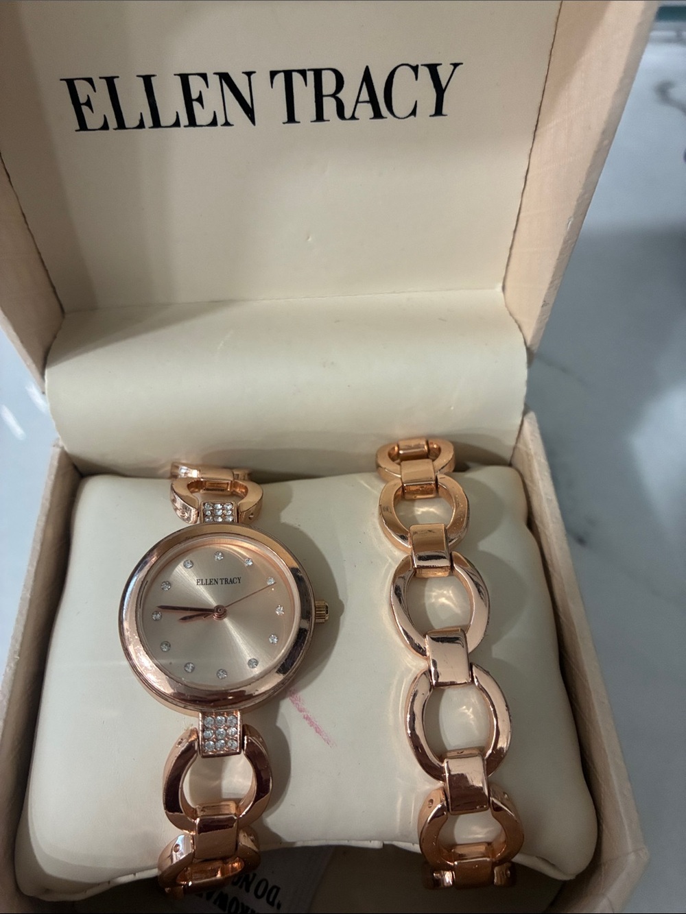 Ellen Tracy Rose Gold Bracelet Watch Set with Crystal Accents